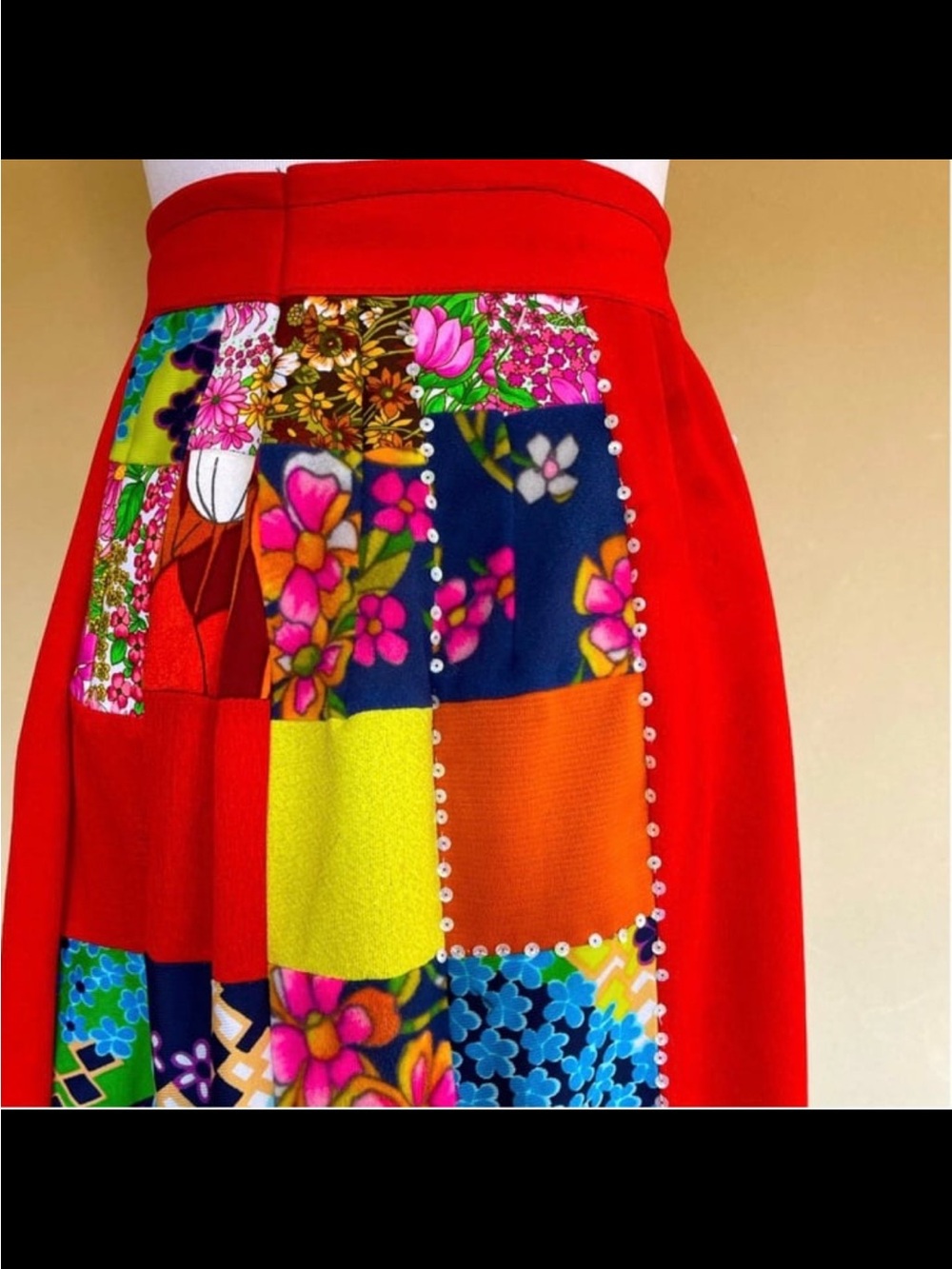 American Vintage Red Maxi Skirt with Multicolor Patchwork Panel - Picture 5 of 7